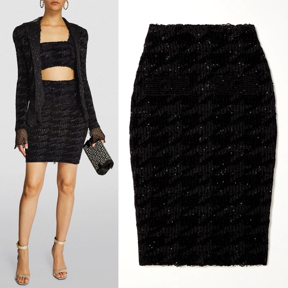 Balmain Dresses & Skirts - Balmain Black Sequin-Embellished Houndstooth Stretch-Knit Skirt
